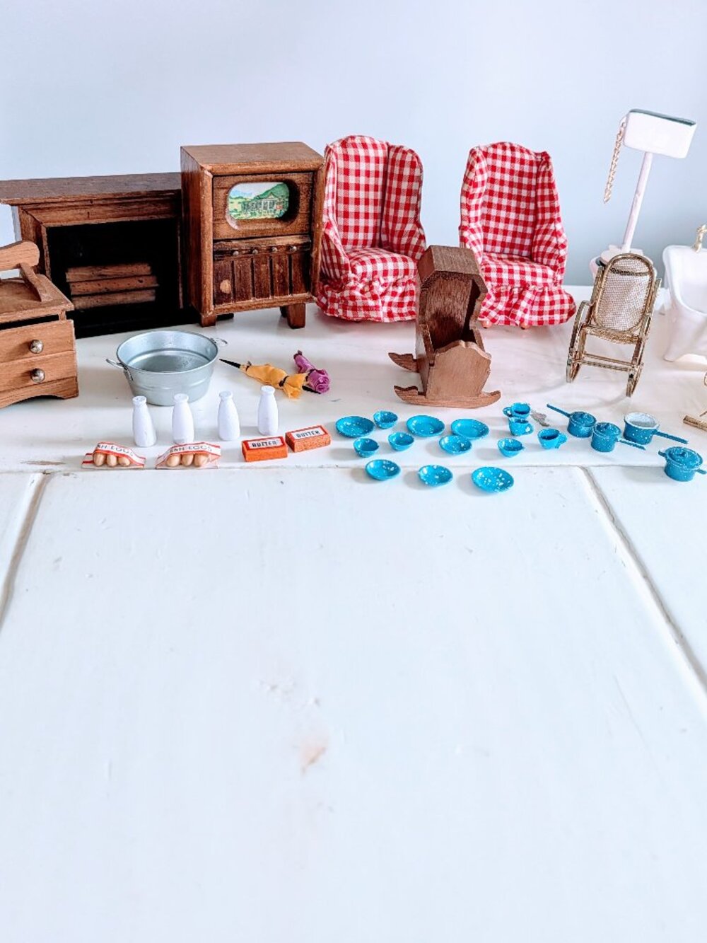 Lot of 49 VTG Mini Dollhouse Furniture Accessories Wood Metal Porcelain Chairs
